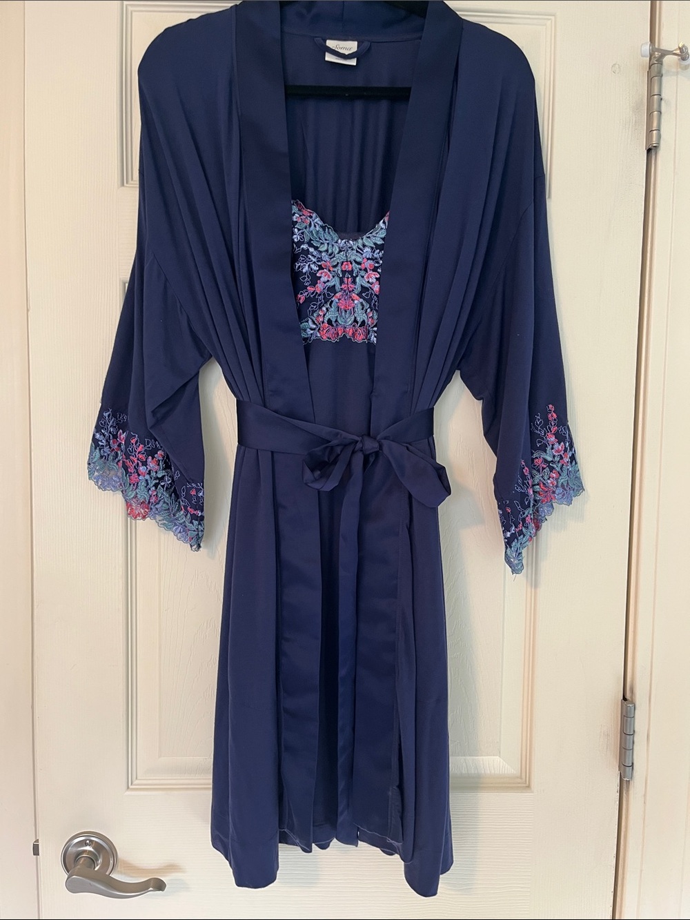 Soma Robe and Chemise Set Navy with Pink and Light Blue Embroidery